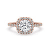 Cushion cut engagement ring with a stunning cushion halo design and pave diamond band.
