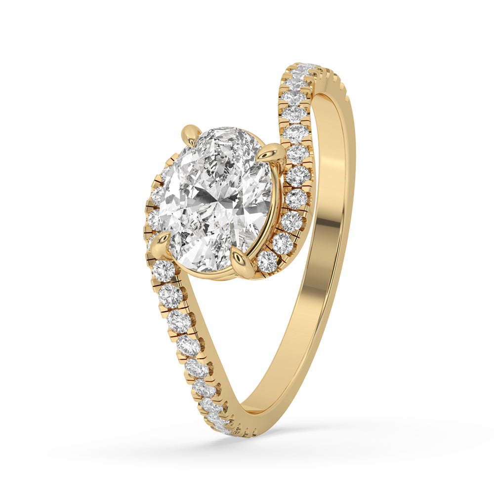 East west engagement ring with pave bypass setting, Lab Grown Diamond, and carat diamonds ring sophistication.
