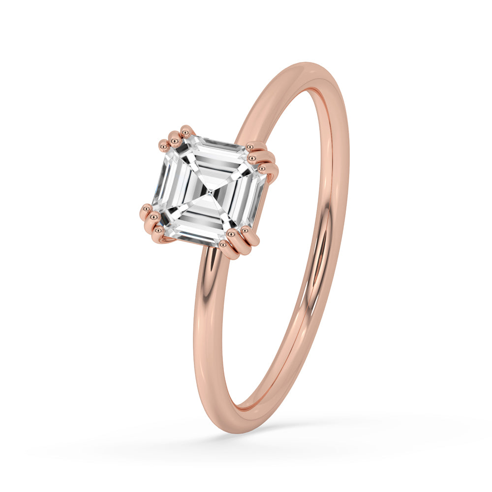 Antique asscher cut diamond ring featuring a 2 carat solitaire diamond and IGI certified lab grown diamond, combining vintage charm with modern ethics.
