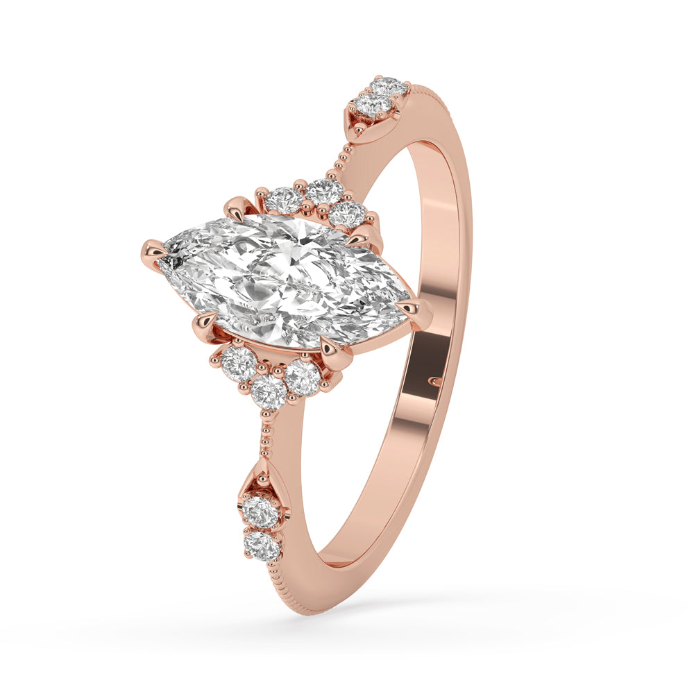 Elegant vintage marquise cut diamond ring with Lab Grown Diamond, featuring ring claws in a stone setting ring style.