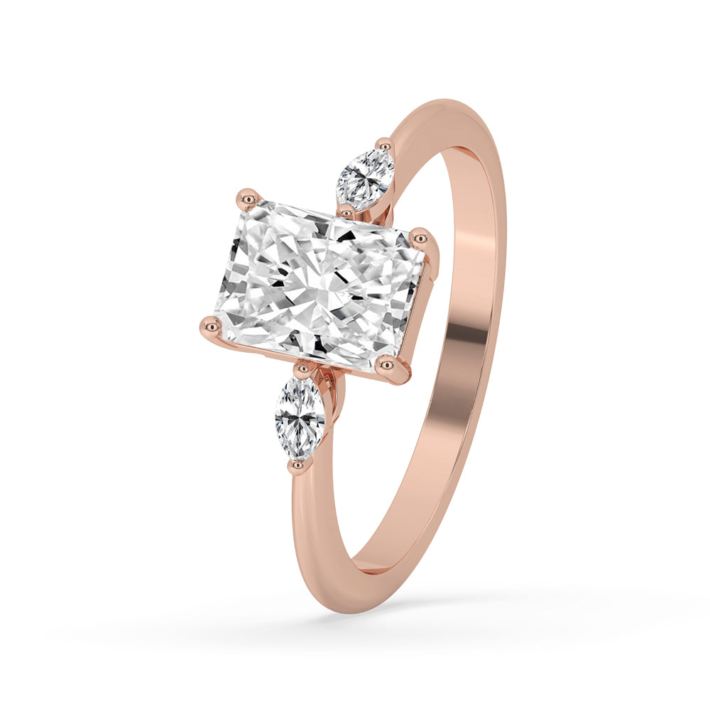 Radiant cut diamond ring with radiant shape diamond accents, perfect for engagements and showcasing luxurious craftsmanship.
