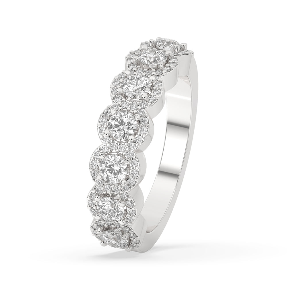 Round halo wedding band featuring sparkling accents.
