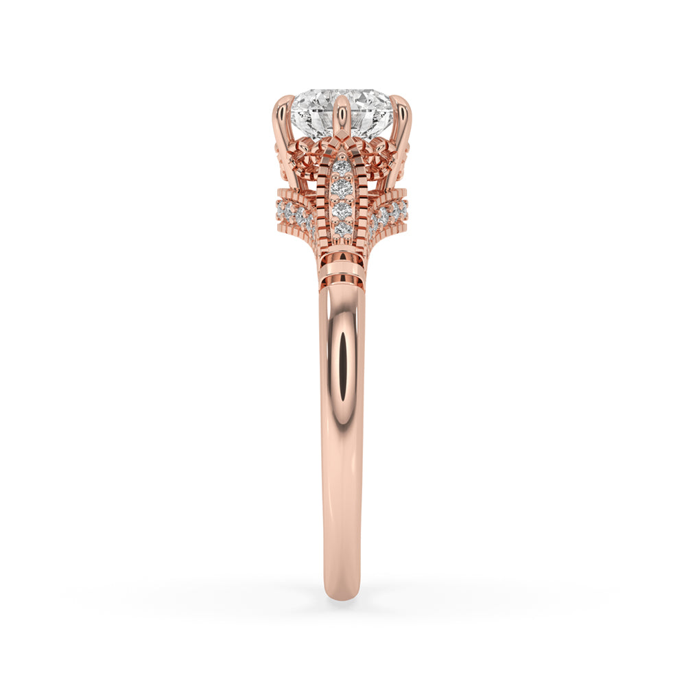 Rose gold vintage ring with intricate milgrain detailing, igi certified diamonds, and a handmade ring craftsmanship.