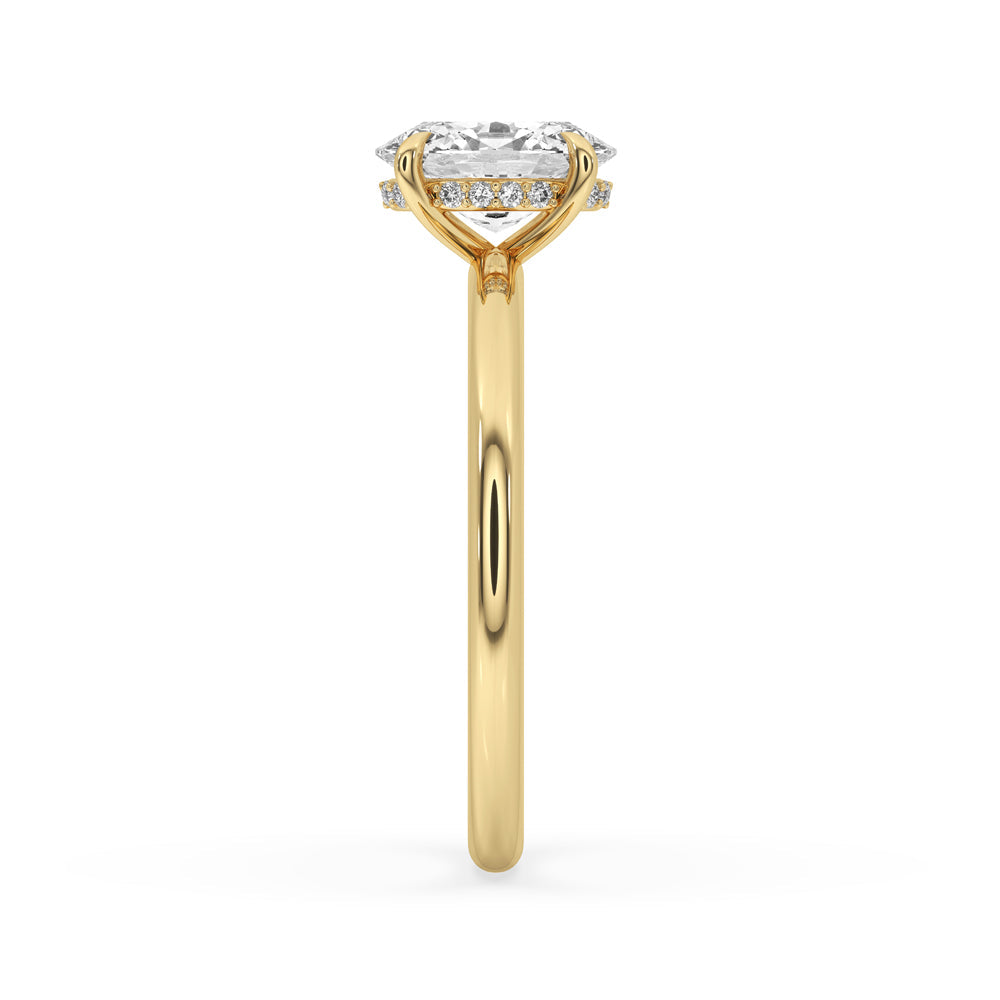 IGI certified hidden halo diamond ring with oval solitaire gold engagement ring style.