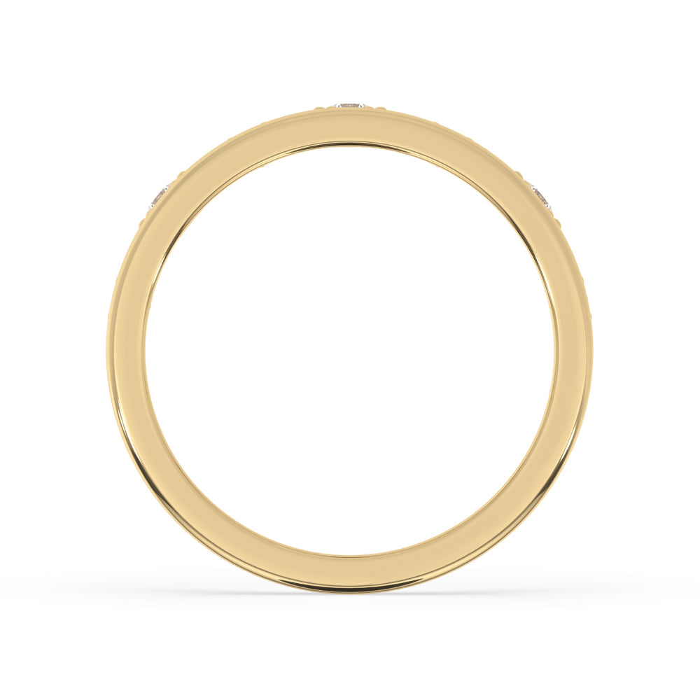 IGI certified wedding band with round diamonds in yellow gold.