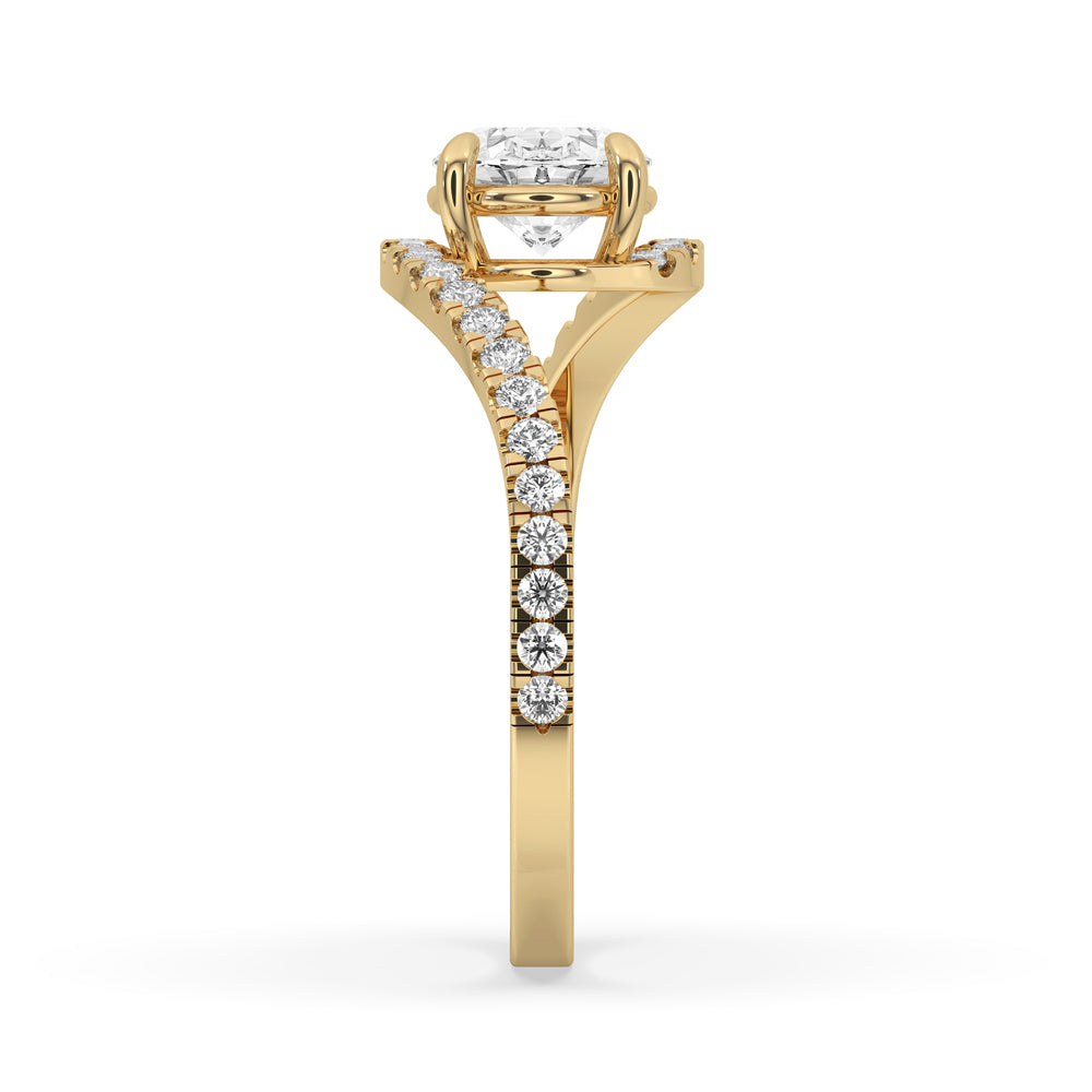 Oval cut diamond in bypass ring setting with pave diamond band and ring claws detail.
