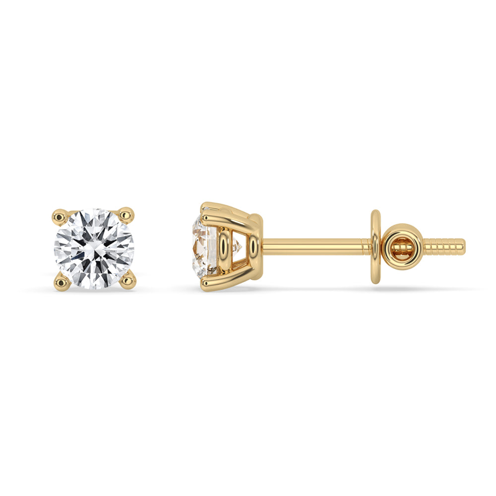 Gold stud earrings featuring round diamonds, perfect for any occasion.
