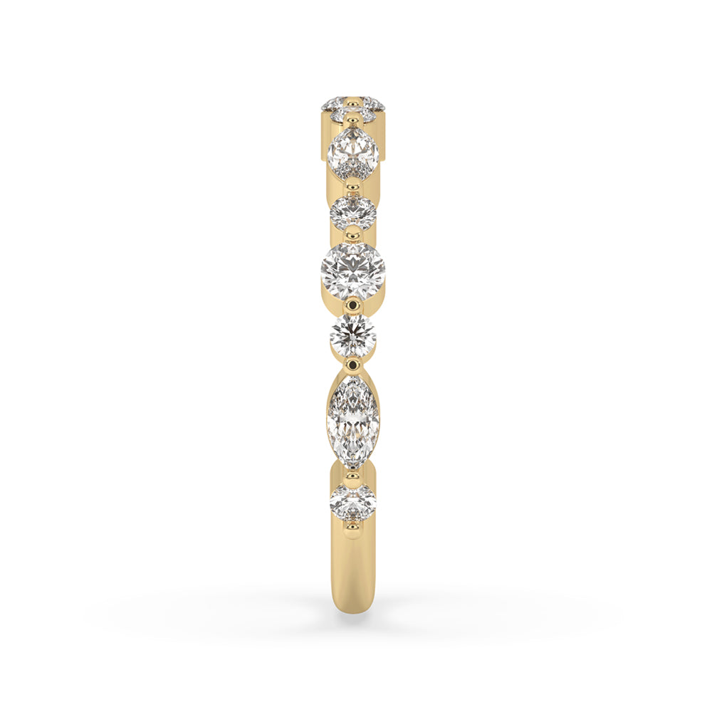 Beautiful yellow gold wedding band with sparkling marquise diamonds.
