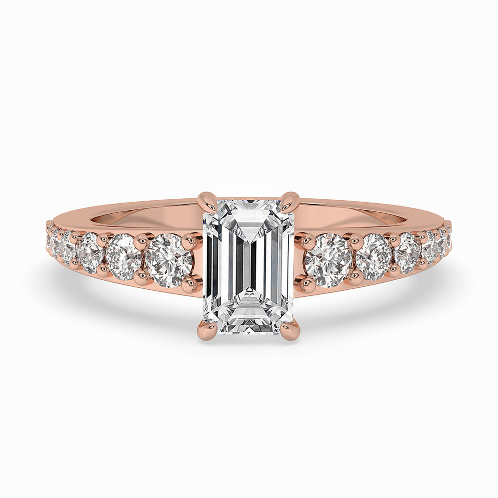 Emerald Cut Diamond Ring with pave diamonds and claw prongs, perfect for timeless elegance and sophistication.
