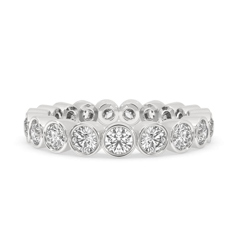 A stunning white gold wedding band with intricate details.
