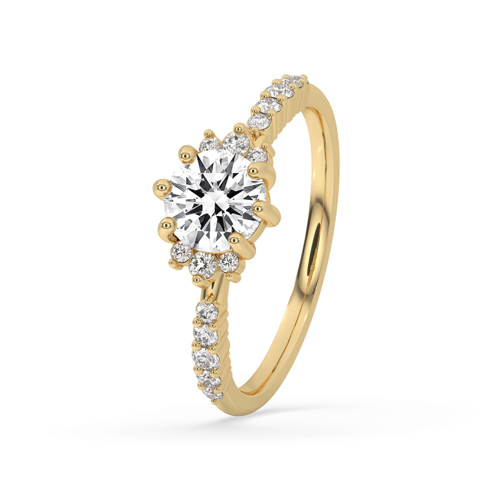 Round cut diamond ring with side stones and prong setting, Lab Grown Diamond
