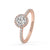 Women engagement diamond ring with round cut diamond in halo ring setting, IGI certified for quality.
