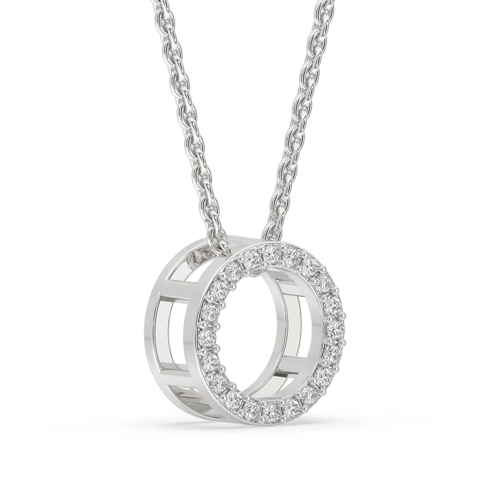 White gold pendant with a sparkling round diamond centerpiece.
