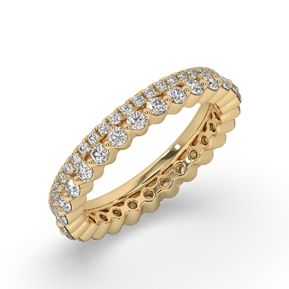 Yellow gold band with round diamonds for a timeless round eternity band.