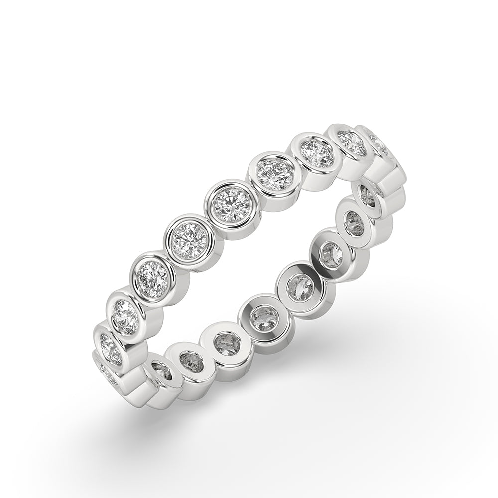 Bezel set eternity band with gold eternity band for timeless elegance.
