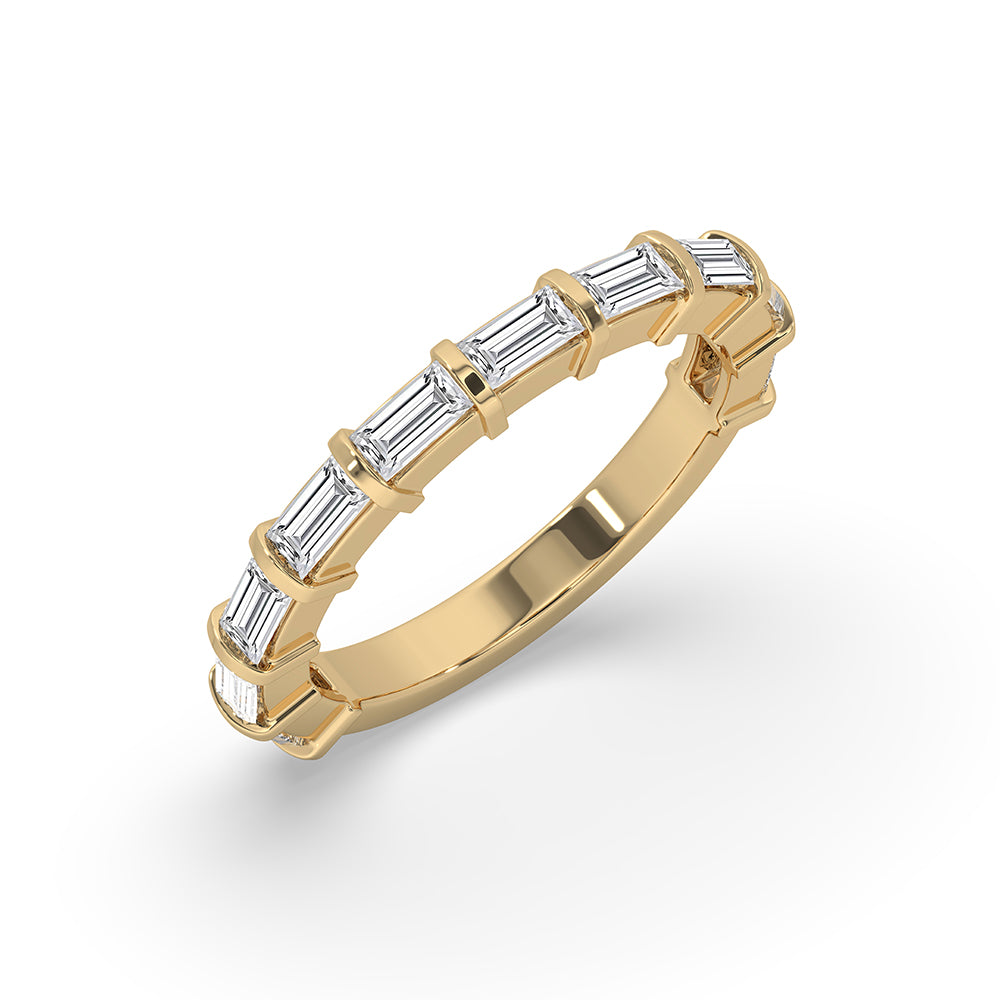 Lab grown eternity band featuring baguette diamonds for a sustainable choice.
