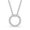 Round diamond pendant necklace set in elegant white gold.
