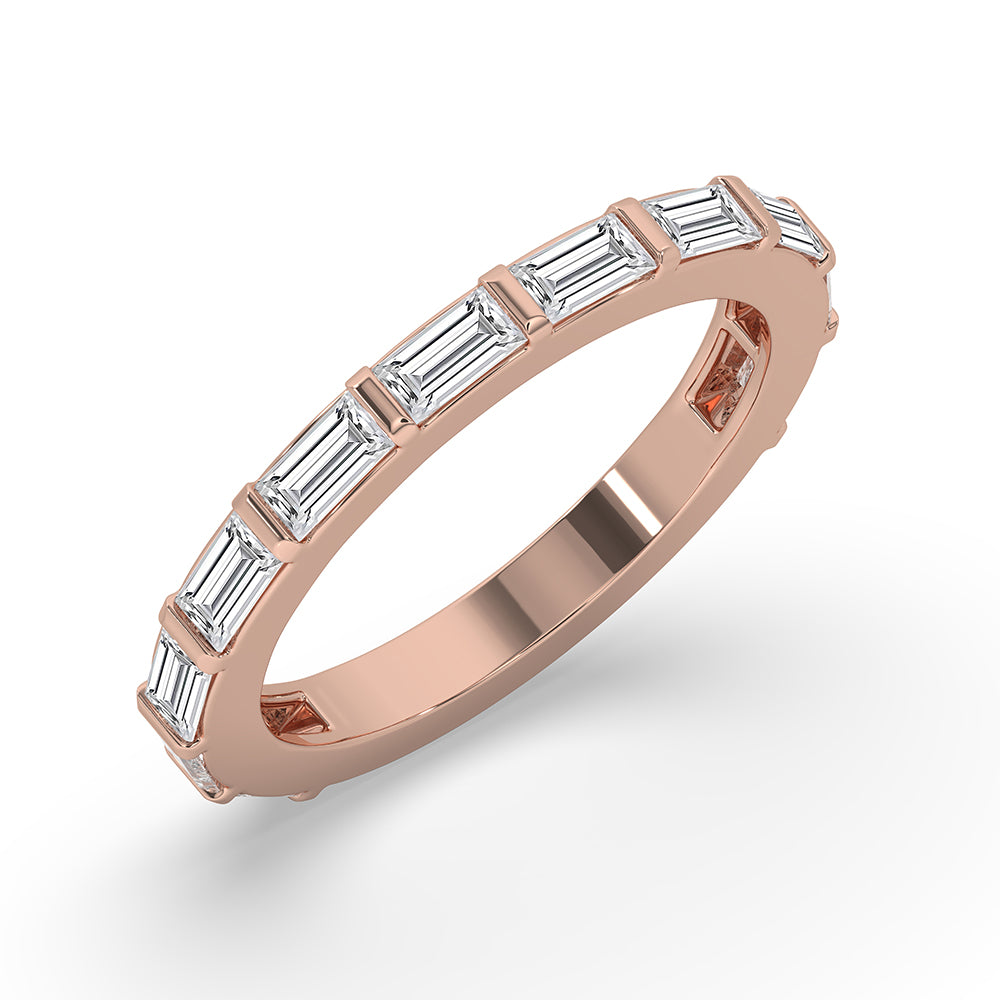 Half eternity band featuring baguette diamonds for timeless beauty.
