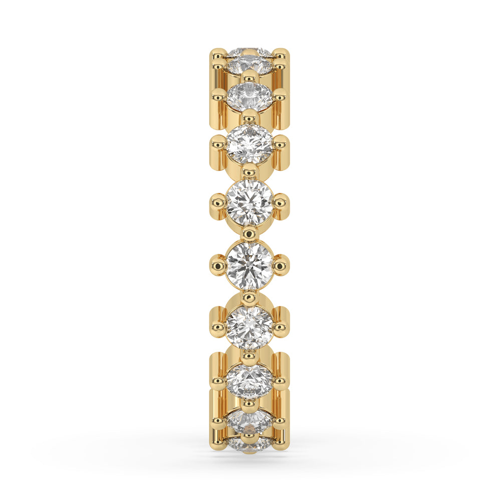 Radiant round diamond band in a 4 prong ring design, showcasing lab grown diamonds in sustainable luxury.