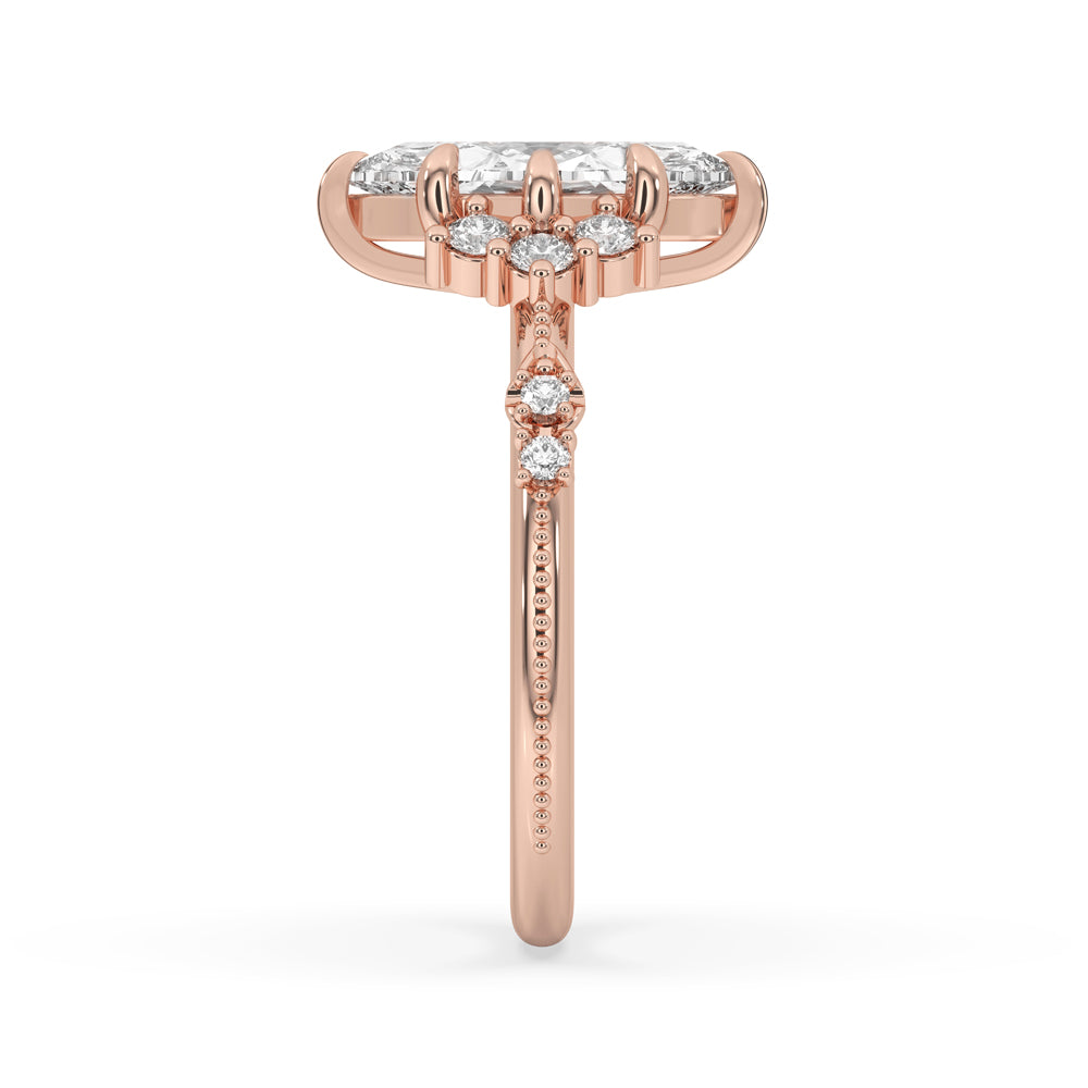 Dazzling round cut diamond ring in a rose gold marquise design.