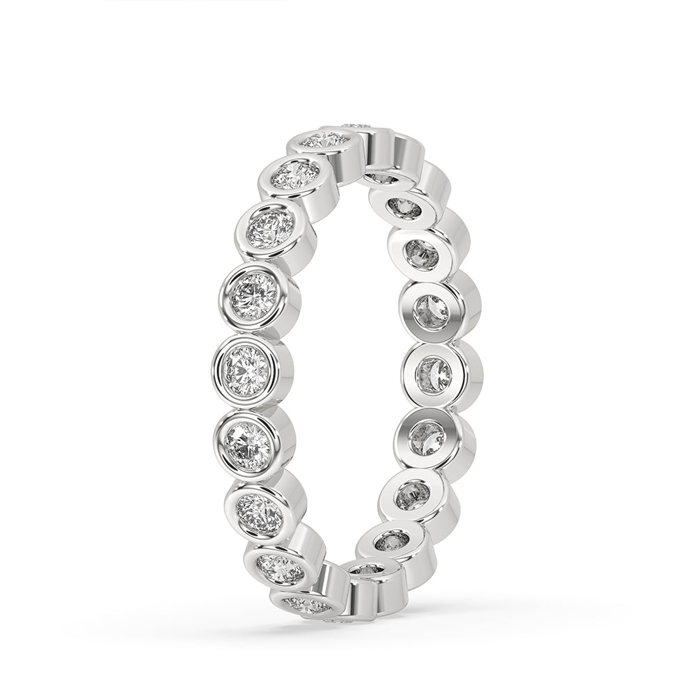 Full eternity band featuring round diamonds in a gold eternity band.
