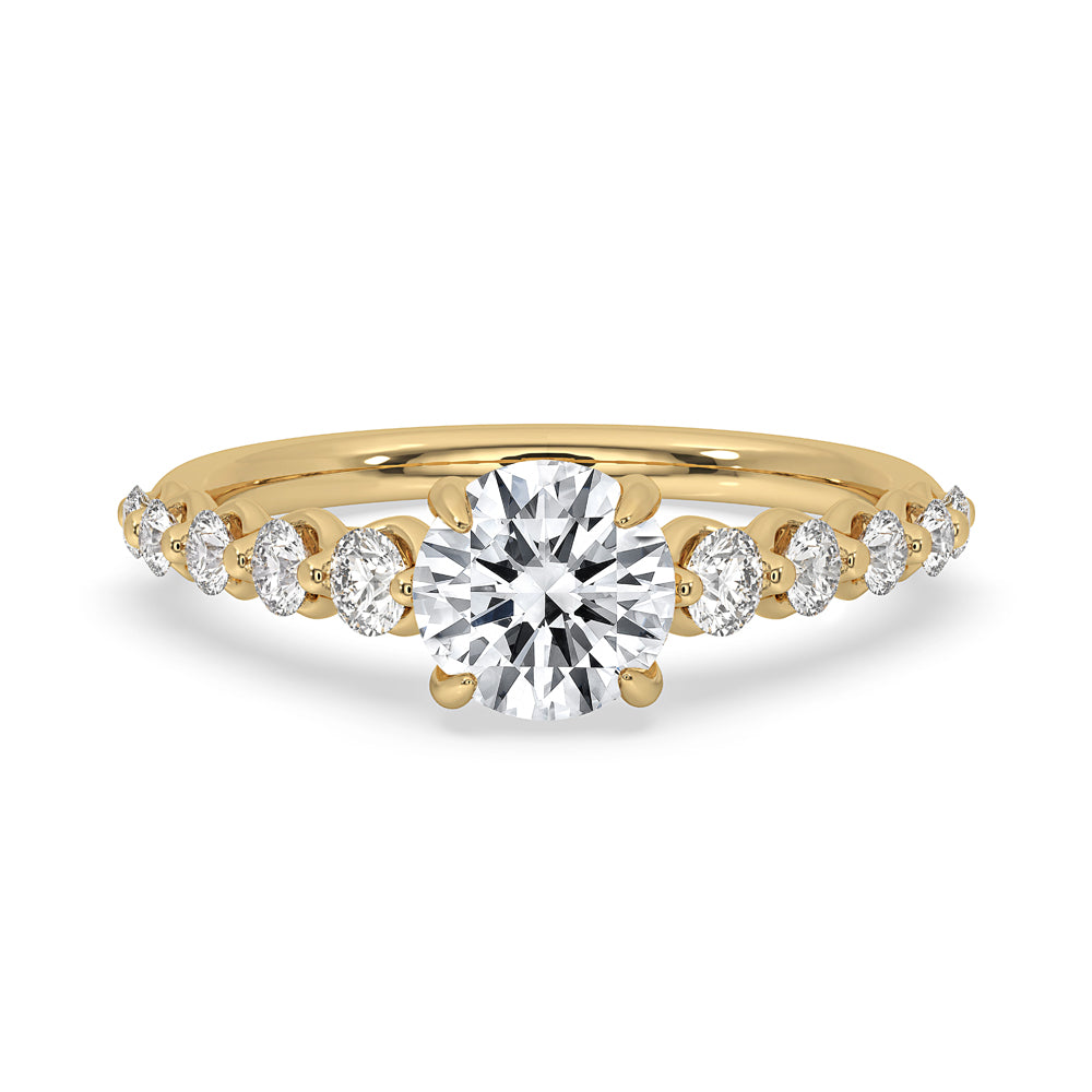 Round brilliant cut ring adorned with side stones and crafted with igi certified carat diamonds for elegance.