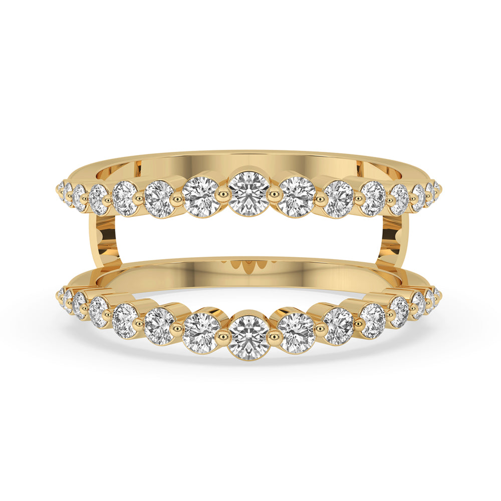 Enhancer wedding band with round cut diamond in yellow gold.
